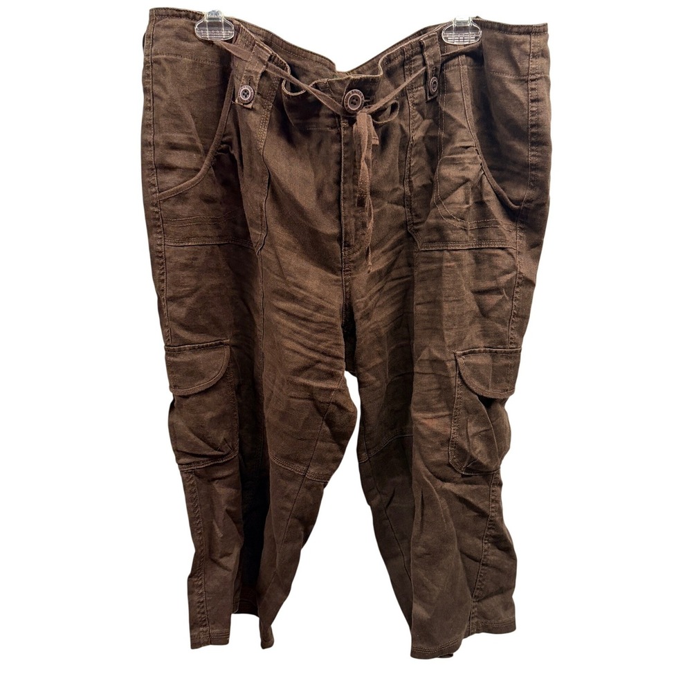 Eddie Bauer Brown 100% Linen Cargo Capri Pants Womens 18 Drawstring Relaxed Fit